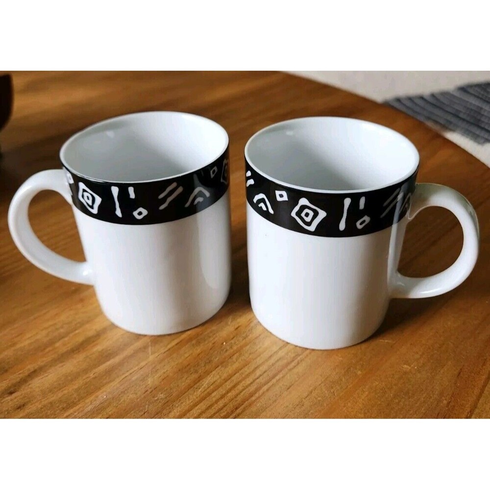 Pier 1 Monno-Bangladesh Design Black and White Coffee Mugs / Cups Set Of 2